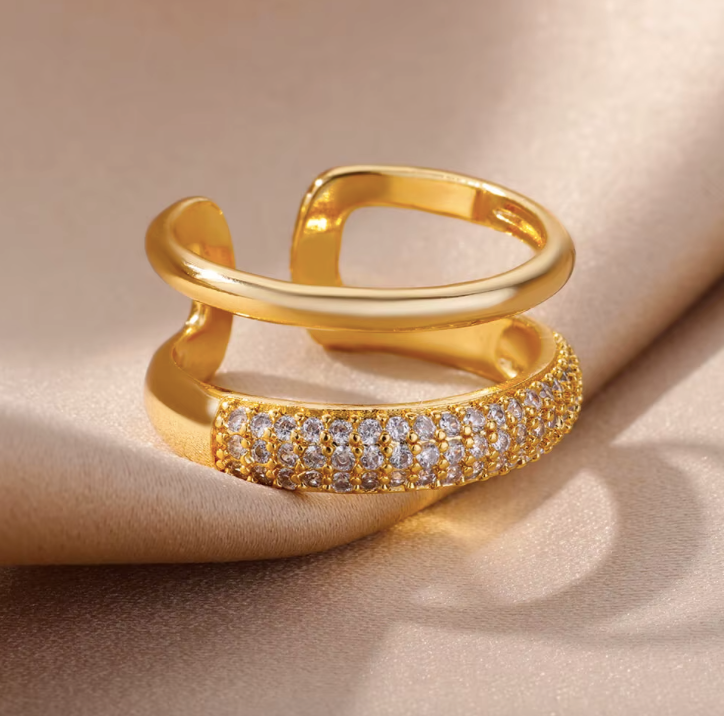 Bague Callisto – packshot double anneau pavé zircon – acier inox 316L plaqué or 18K – Oseraa