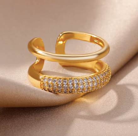 Bague Callisto – packshot double anneau pavé zircon – acier inox 316L plaqué or 18K – Oseraa