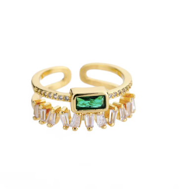 Bague Thémis – packshot zircon vert & baguettes – acier inox 316L plaqué or 18K – Oseraa