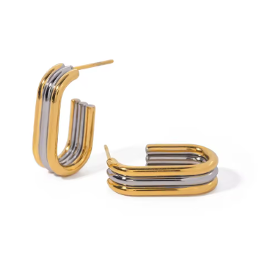 Boucles BIATRIZ créoles U 3 rangs mix-metal, acier inox plaqué or 18K – Oseraa