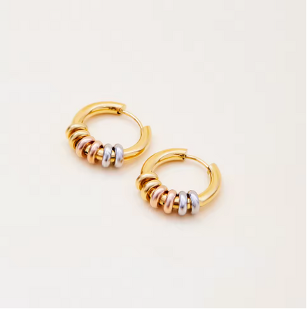 Boucles ISE créoles minimalistes avec anneaux tricolores or/or rose/acier, acier inox plaqué or 18K – Oseraa