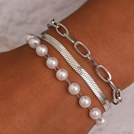 Bracelet Bombay en acier inoxydable argenté avec perles nacrées - O-dace.com