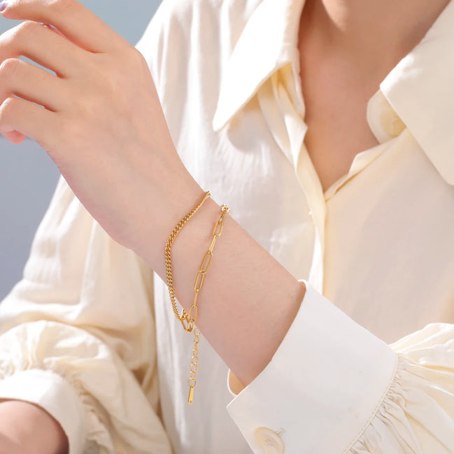 Bracelet Manille en acier inoxydable doré duo de chaînes. O-dace.com