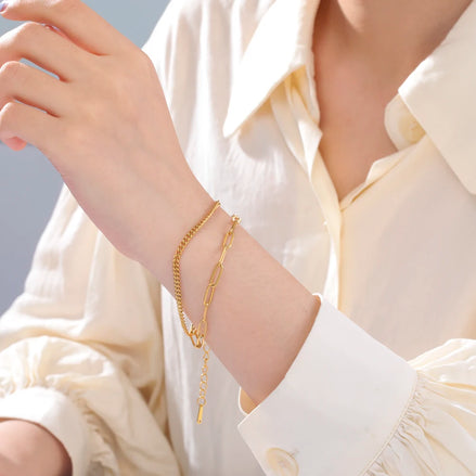 Bracelet Manille en acier inoxydable doré duo de chaînes. O-dace.com