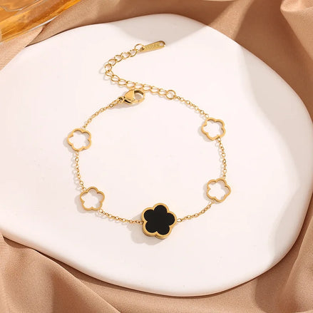 Bracelet Shanghai en acier inoxydable doré motif fleur noir - o-dace.com