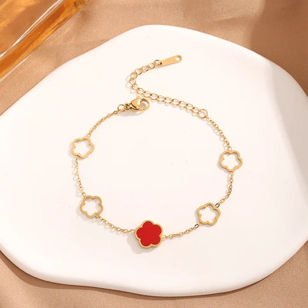 Bracelet Shanghai en acier inoxydable doré motif fleur rouge